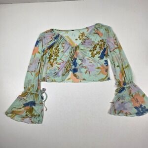 Free People Top Womens Large Green Floral Sheer Mesh Bell Sleeve Cropped Boho